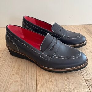 GIROTTI Penny Loafer Flat Slip On Shoes Navy Blue Leather Preppy Academia Career